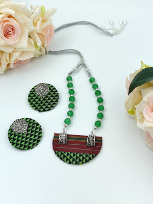 Khaan Fabric Set - Black, Green & Red design With Oxidized Silver Charms Necklace & Earrings Set