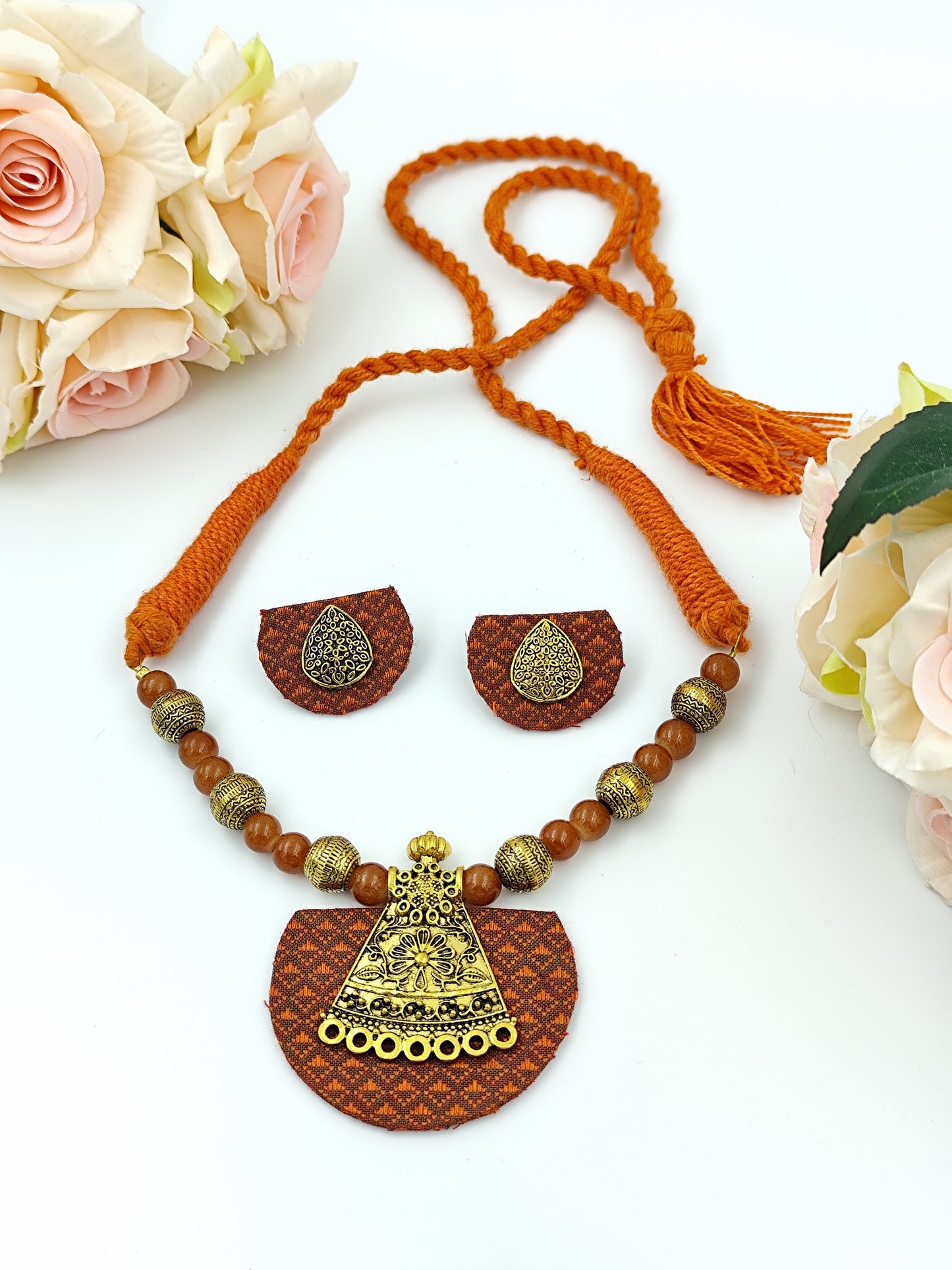 Khaan Fabric Set - Orange & Brown with Antique Golden Pendent & Earring Set