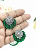 Khaan Fabric Set - Black & Green With Oxidized Silver Pendent & Earrings Set