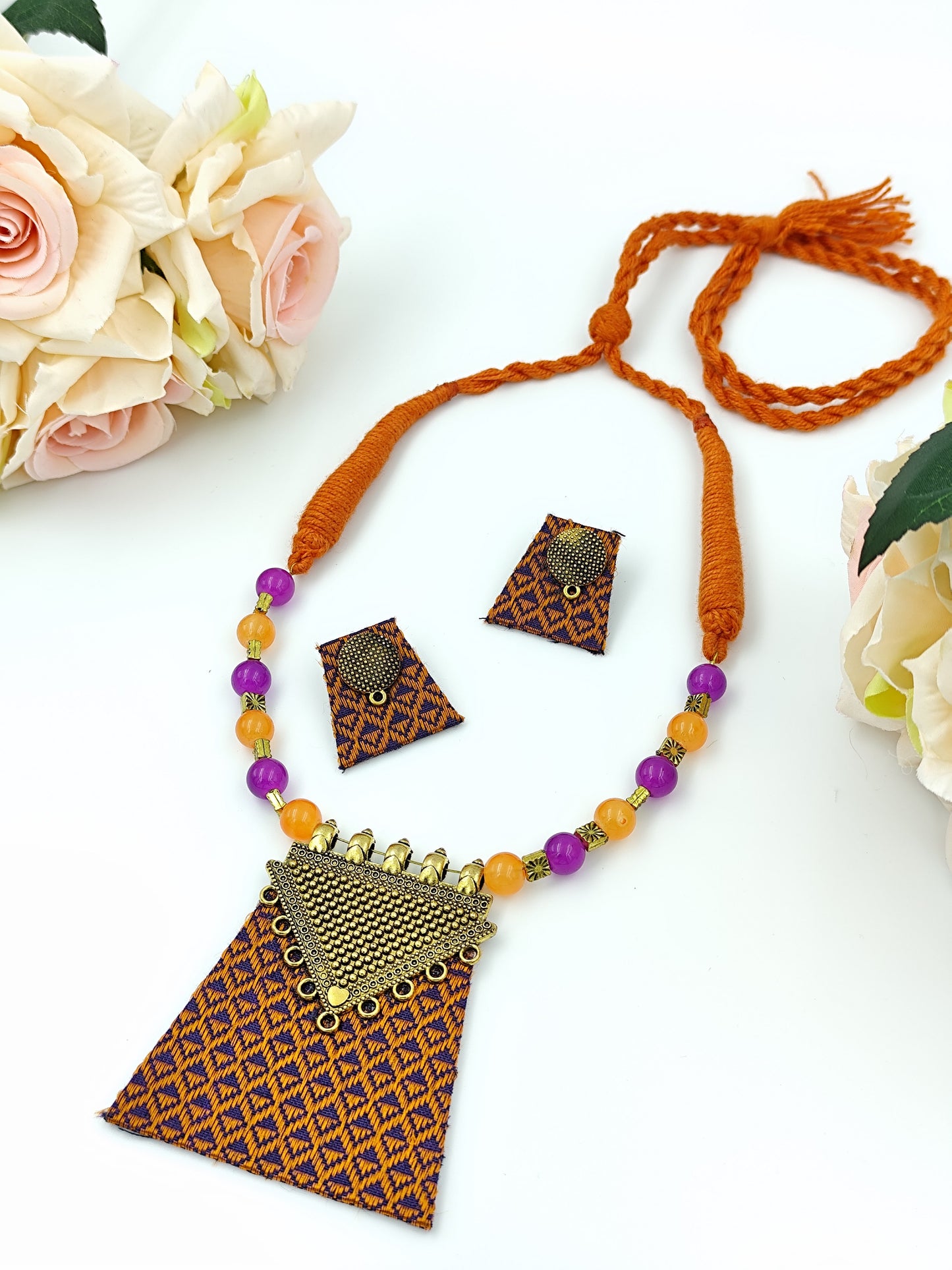 Khaan Fabric Set Orange & Purple With Antique Golden Pendent & Earrings