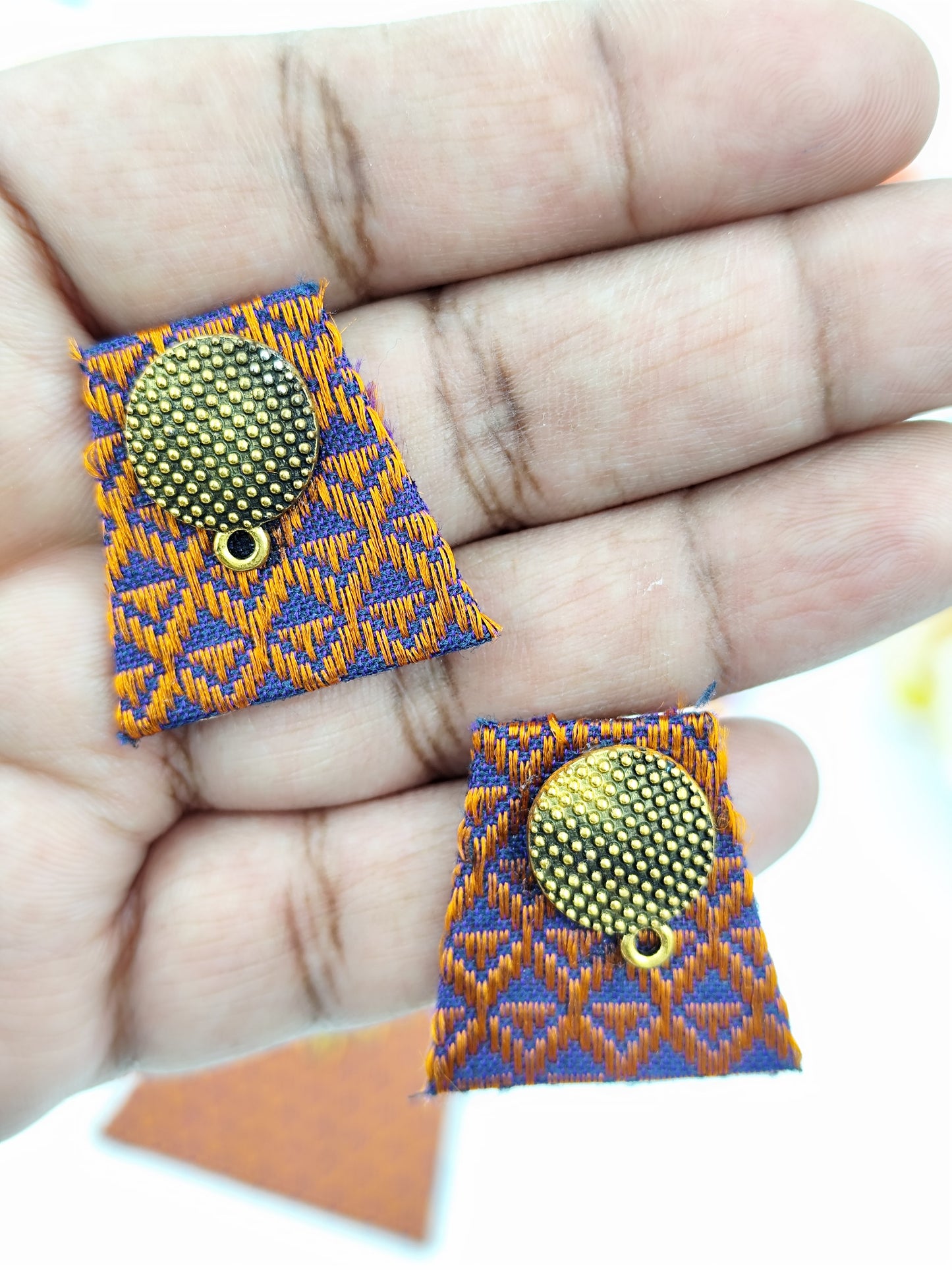 Khaan Fabric Set Orange & Purple With Antique Golden Pendent & Earrings