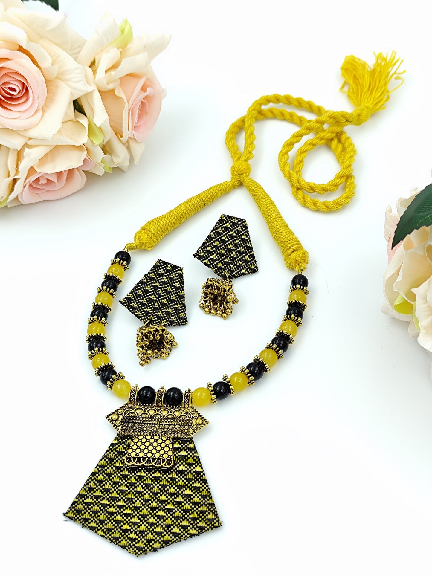 Khaan Fabric Set - Black & Yellow with Antique Golden Pendent & Jhumka Earrings