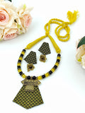 Khaan Fabric Set - Black & Yellow with Antique Golden Pendent & Jhumka Earrings