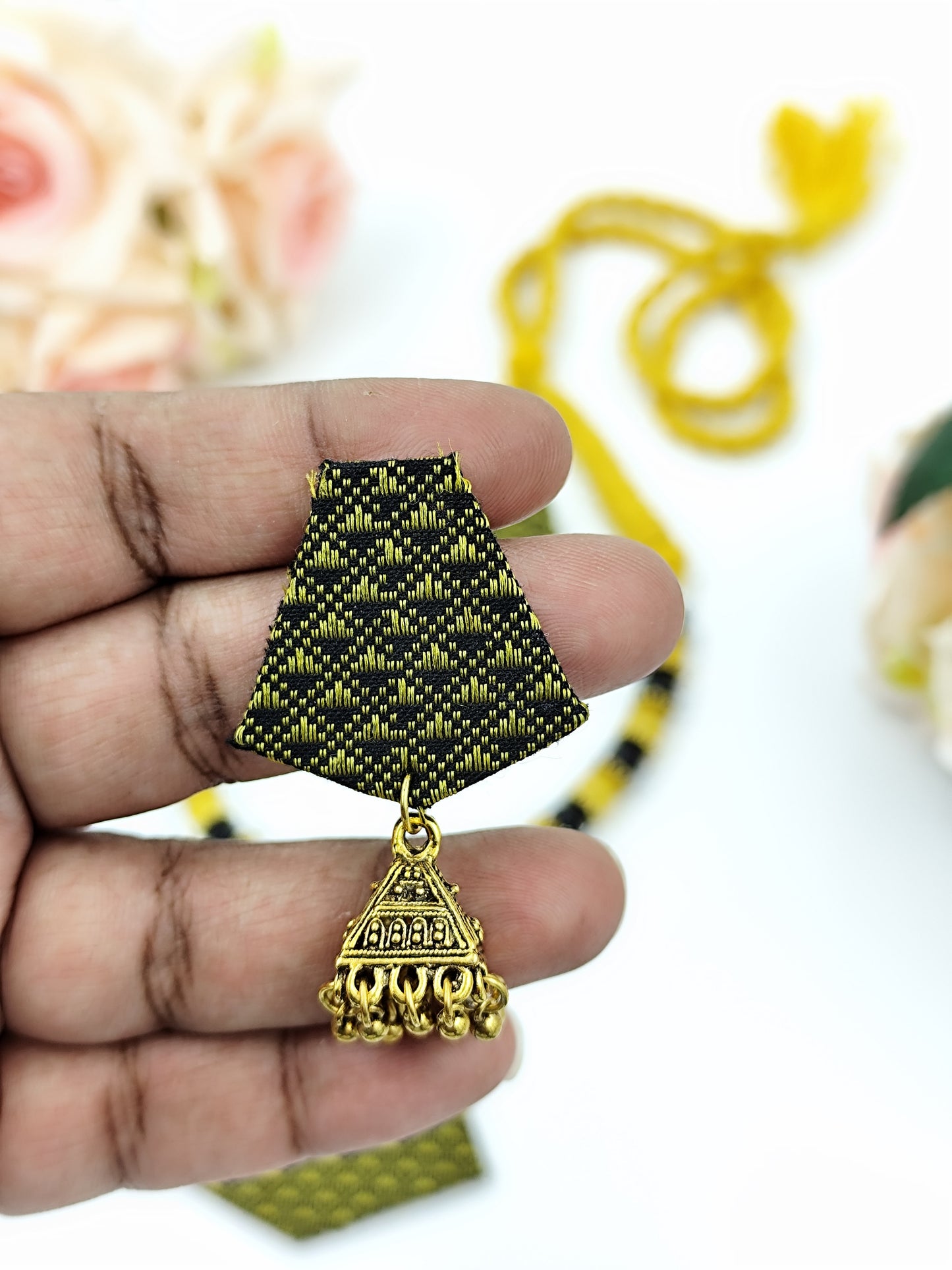 Khaan Fabric Set - Black & Yellow with Antique Golden Pendent & Jhumka Earrings