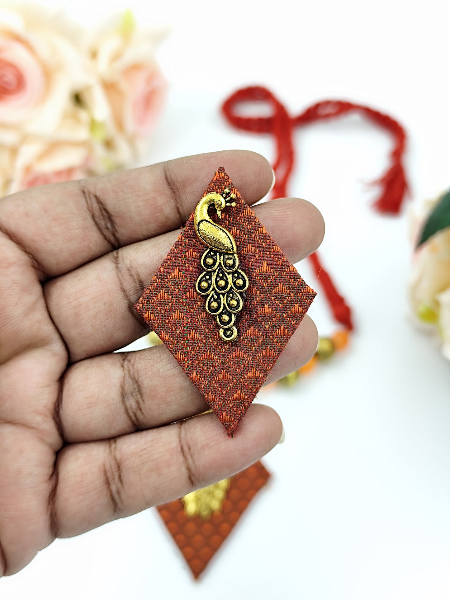 Khaan Fabric Set - Orange & Brown With Antique Golden Peacock Charm & Earrings