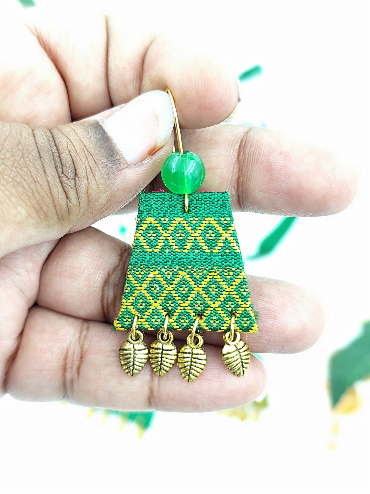 Fabric Set - Green With Golden Design With Golden Charms & Earrings