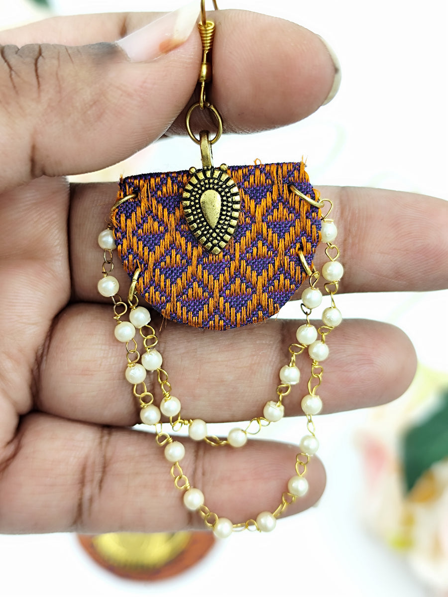 Khaan Fabric Set - Orange & Violet with Antique Golden Pendent in Pearl Chain & Earrings