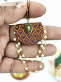 Khaan Fabric Set - Orange & Violet with Antique Golden Pendent in Pearl Chain & Earrings