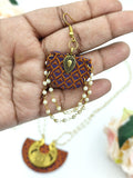 Khaan Fabric Set - Orange & Violet with Antique Golden Pendent in Pearl Chain & Earrings