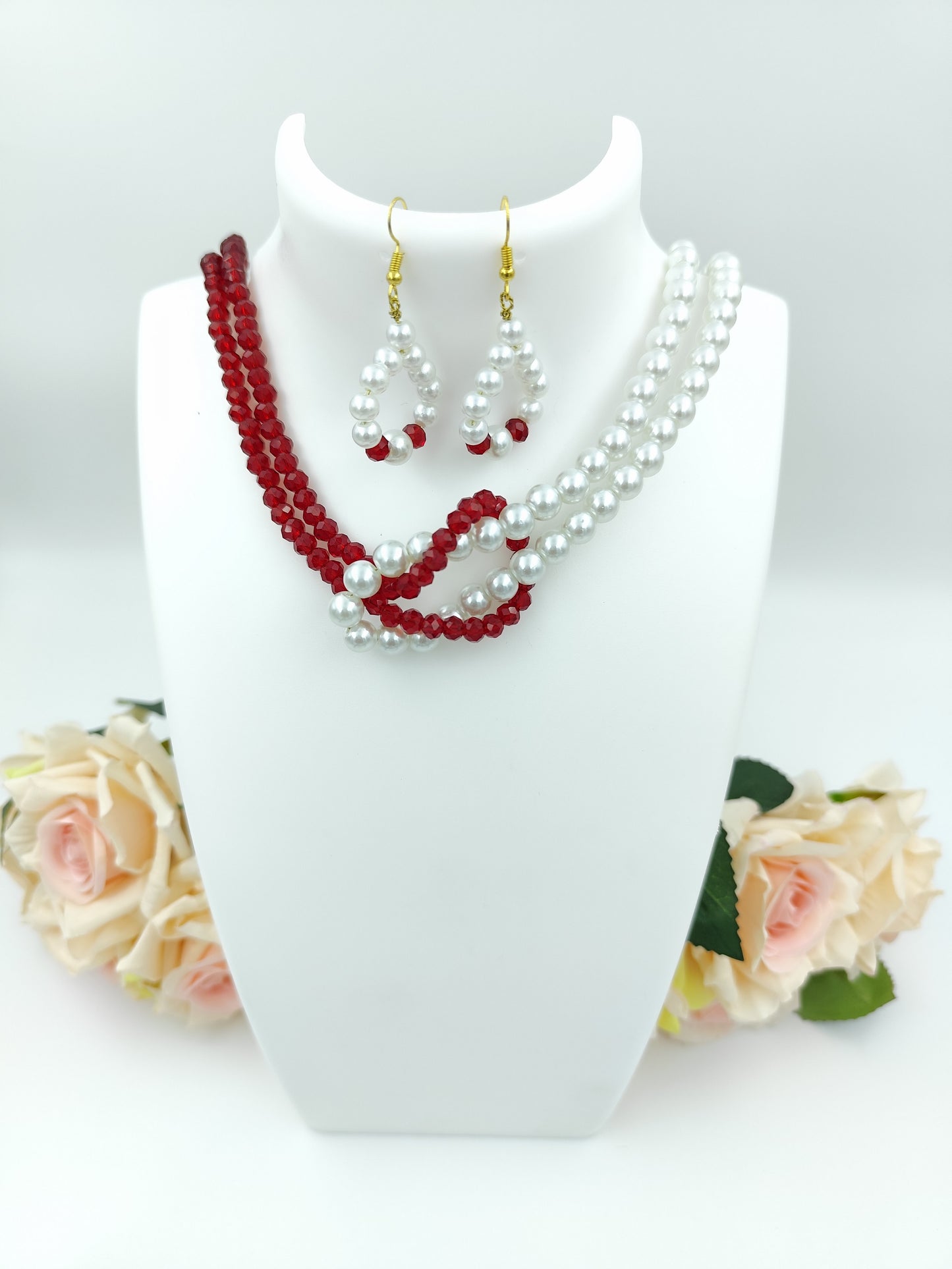 Pearl & Crystal Set - Off-white Glass Pearls & Red Crystal Necklace & Earring Set