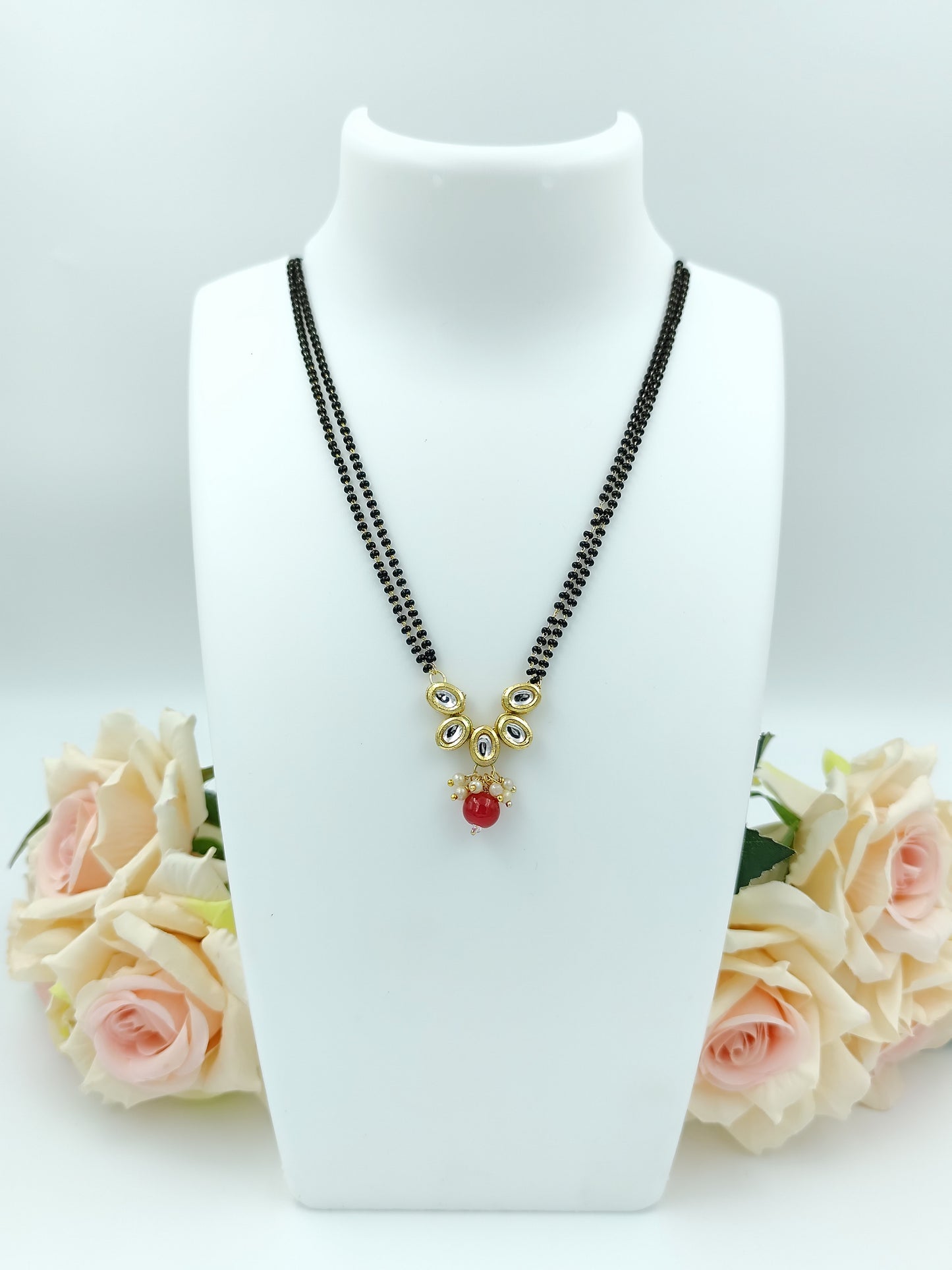 Long Mangalsutra - Double layer with Oval Kundan Pendent & Bead drop