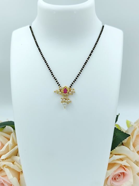 Short Mangalsutra - Single Layer, Stone Pendent and Pearl Drops