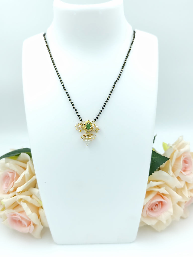 Short Mangalsutra - Single Layer, Stone Pendent and Pearl Drops