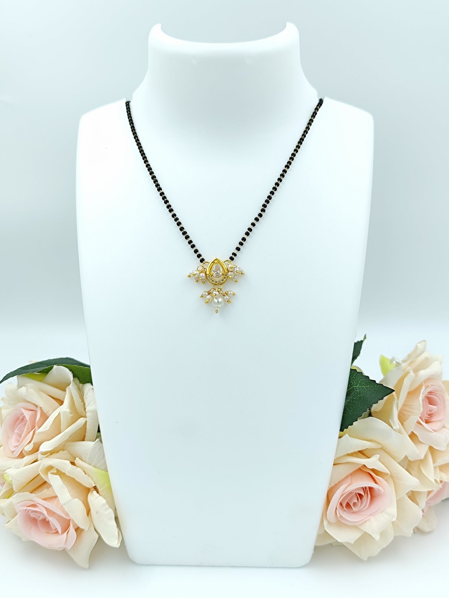 Short Mangalsutra - Single Layer, Stone Pendent and Pearl Drops