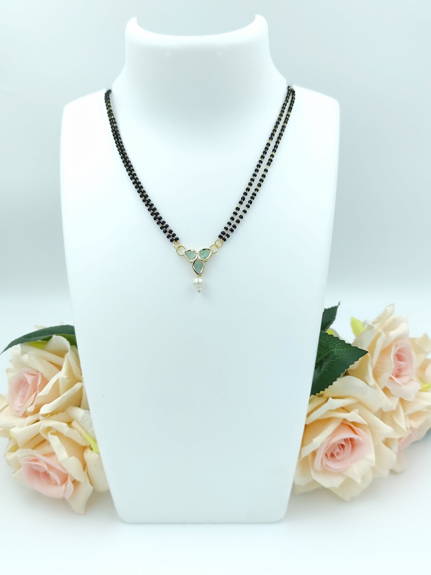 Short Mangalsutra - Double Layer, Stone Pendent With Pearl Drop