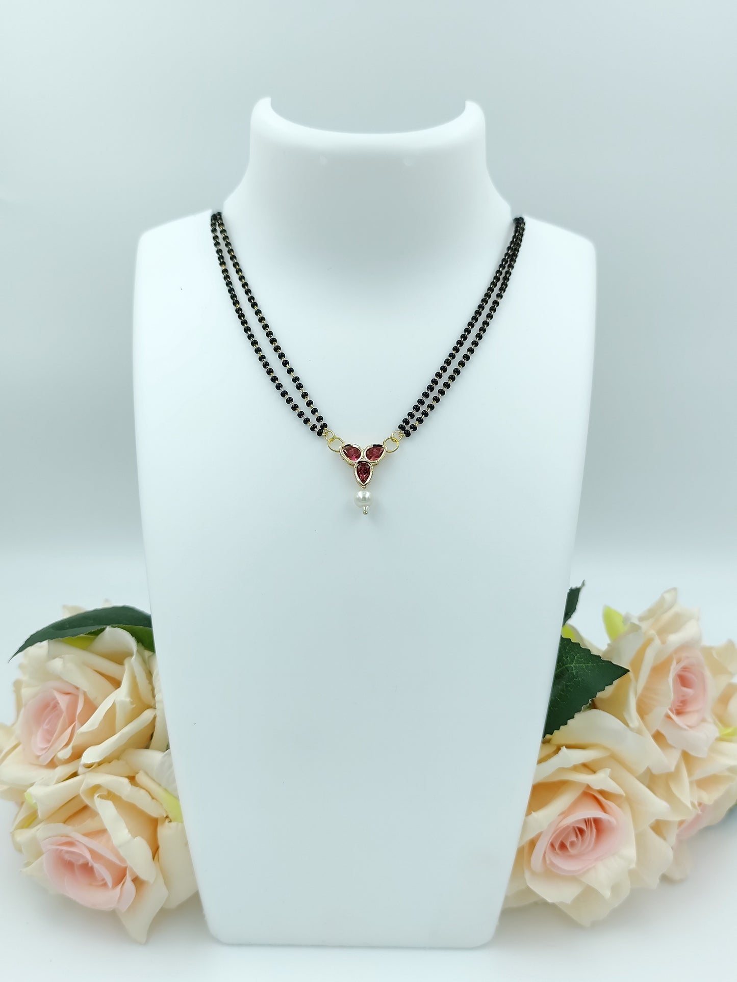 Short Mangalsutra - Double Layer, Stone Pendent With Pearl Drop