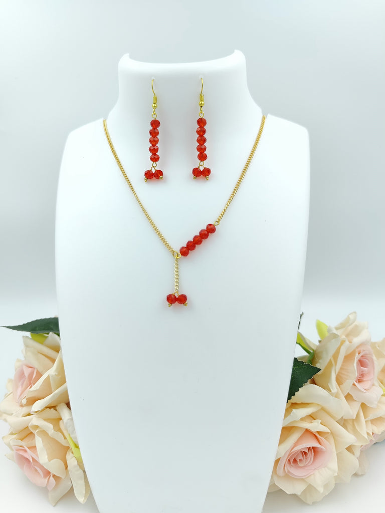 Chain Necklace Set - Golden Chain & Red Crystal Bead Set