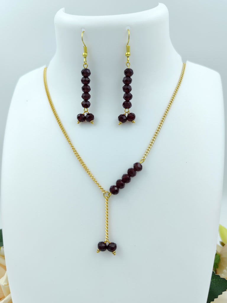 Chain Necklace Set - Golden Chain & Maroon Crystal Bead Set