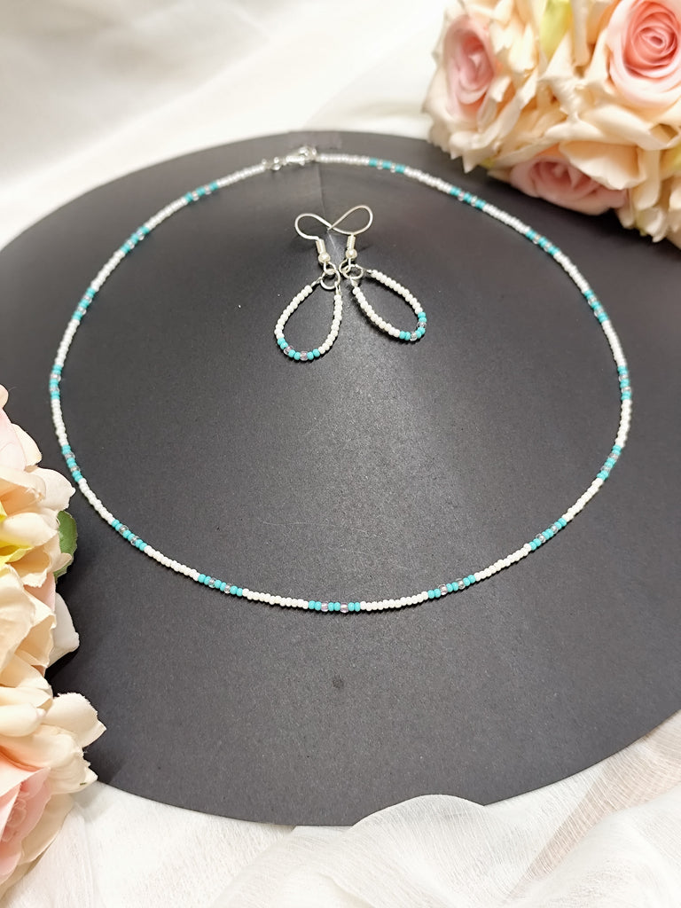 Seed Bead Necklace - White, Teal & transparent Seed Beads