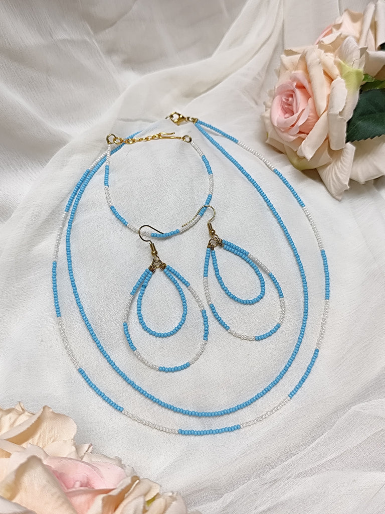 Seed Bead Combo - White & Sky Blue Necklace Combo Set