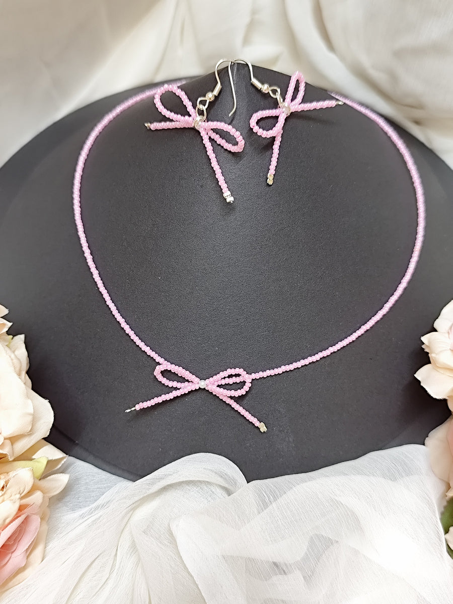 Seed Bead Necklace - Pink Lovely Bow