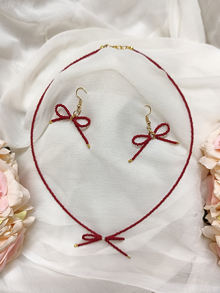 Seed Bead Necklace - Red Lovely Bow