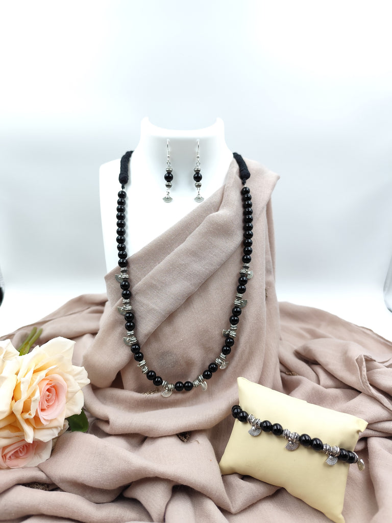 Beaded Necklace Combo - Black Beads & Oxidized Fan Charms Combo