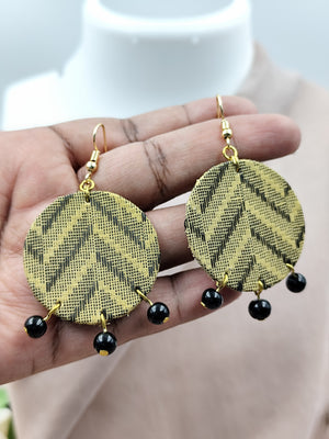 Round Yellow Black Geometric Fabric Statement Earrings