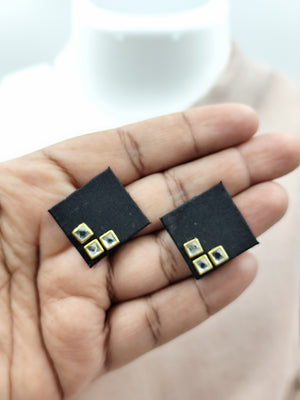 Square Black Fabric Earrings with Tiny Kundan Detail