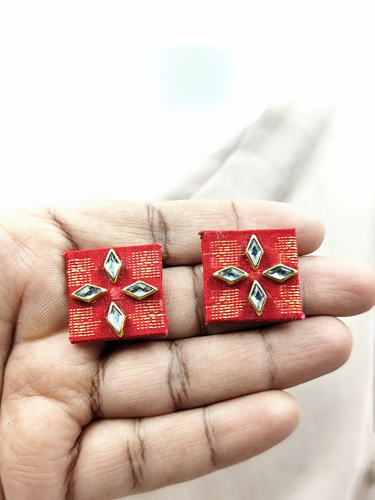 Square Red Fabric Earrings with Tiny Kundan Detail