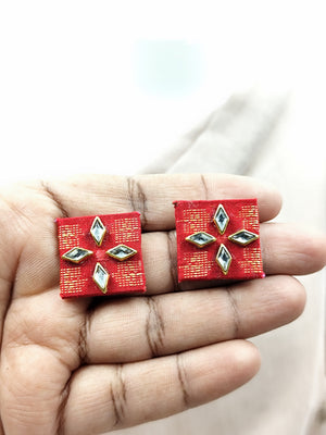 Square Red Fabric Earrings with Tiny Kundan Detail