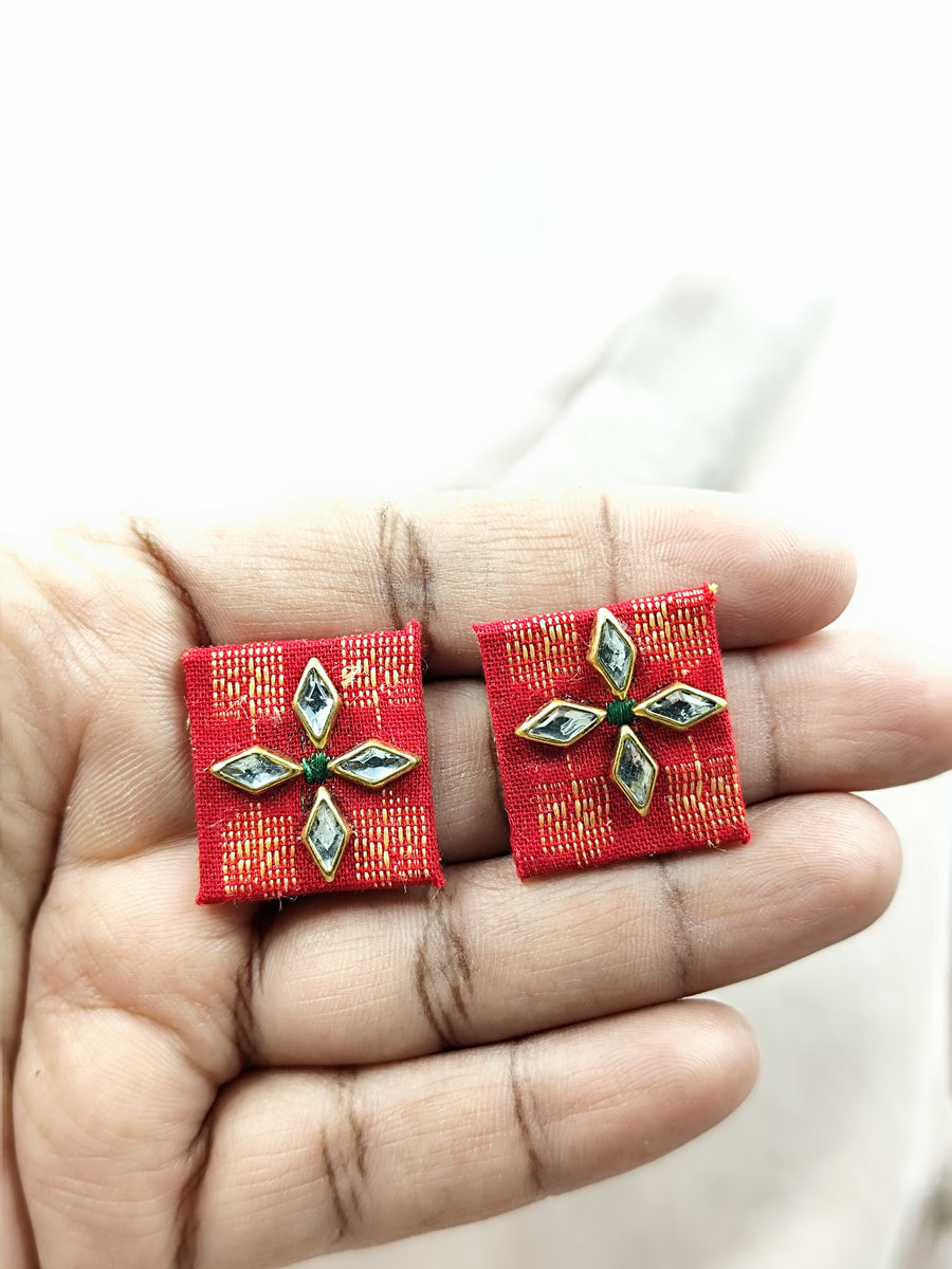 Square Red Fabric Earrings with Tiny Kundan Detail