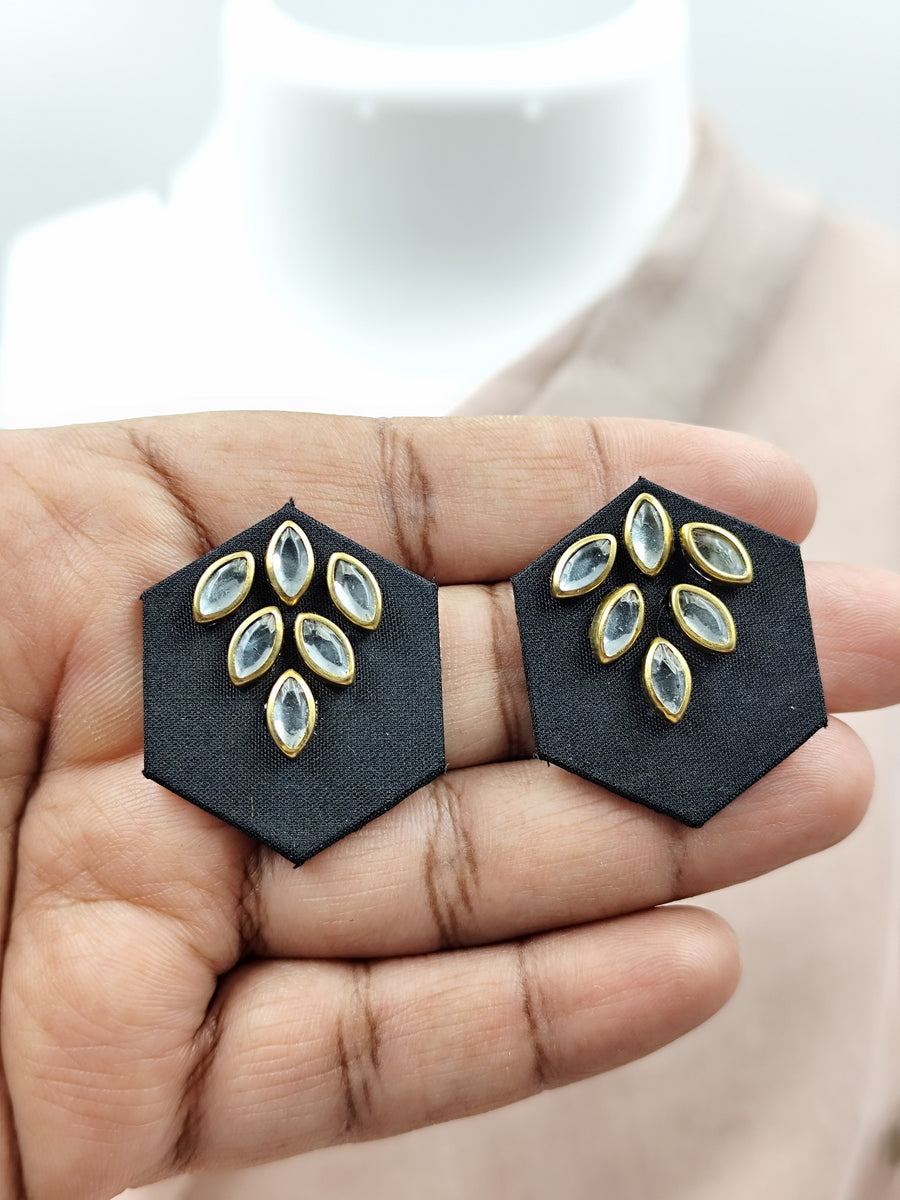 Hexagon Black Fabric Earrings with Tiny Kundan Detail