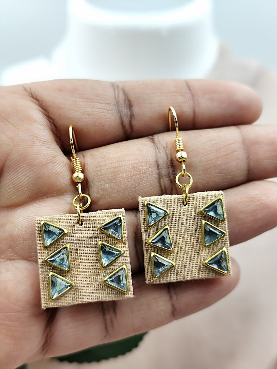 Square Cream Fabric Earrings with Tiny Kundan Detail
