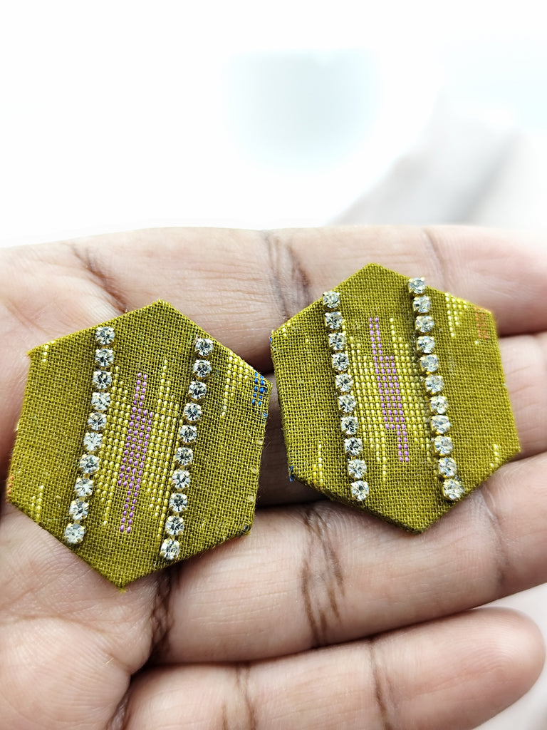 Hexagon Olive Green Fabric Earrings with Tiny stone Details