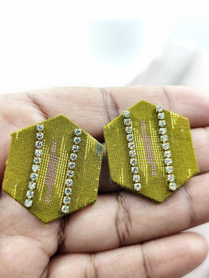 Hexagon Olive Green Fabric Earrings with Tiny stone Details