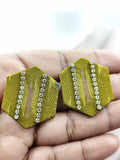 Hexagon Olive Green Fabric Earrings with Tiny stone Details