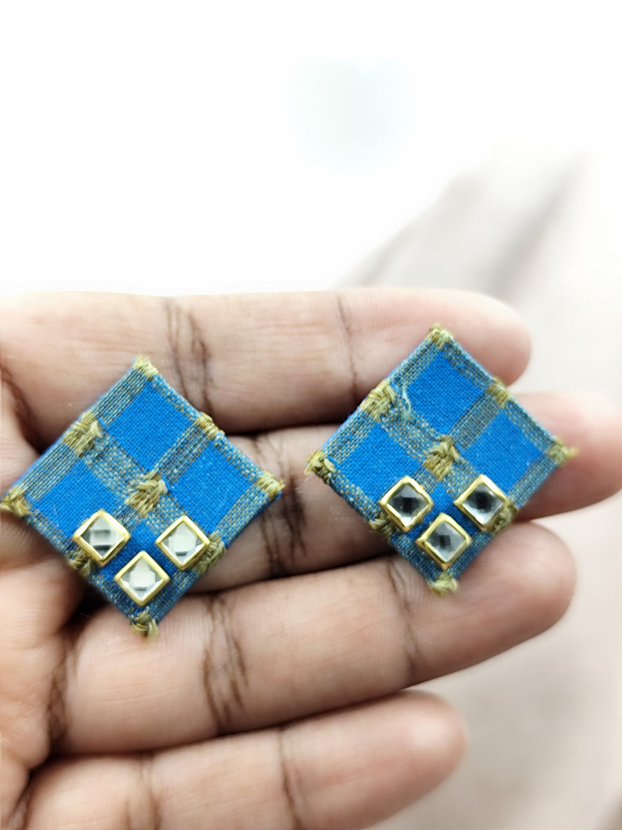 Square Light Blue Checks Fabric Earrings with Tiny Kundan Details