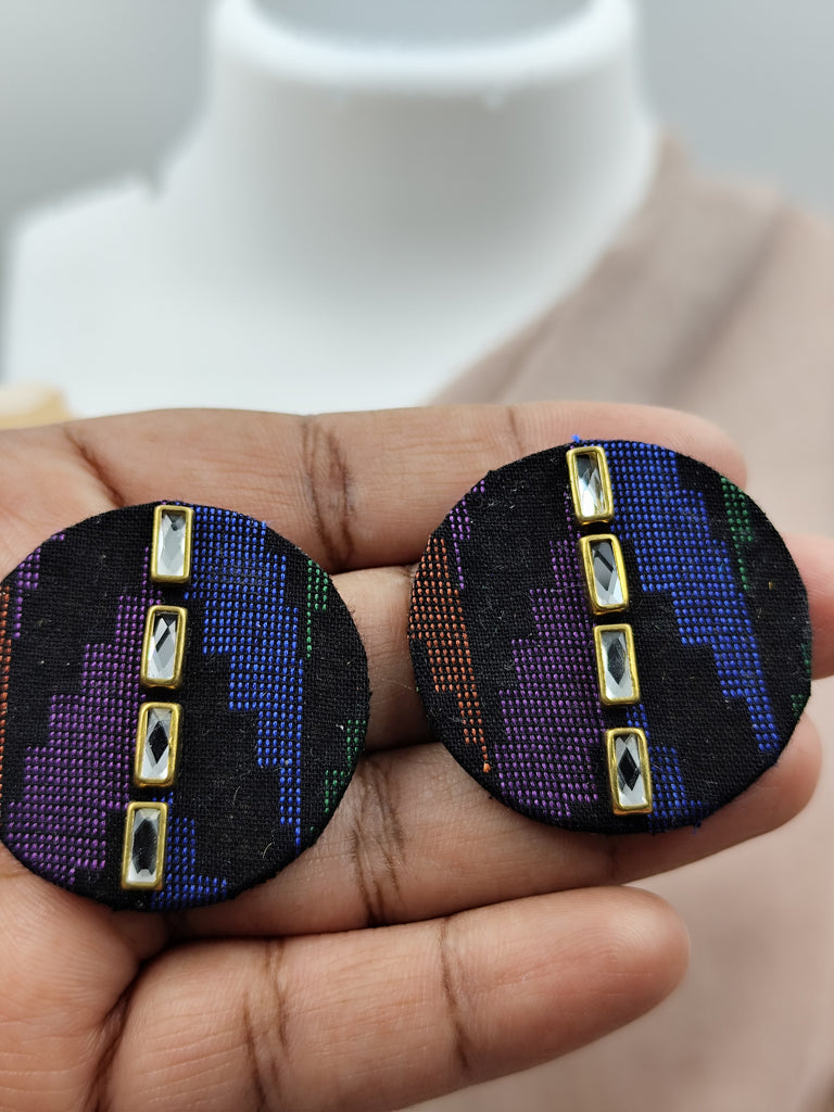 Round Black Fabric Statement Stud Earrings with Tiny Kundan Details