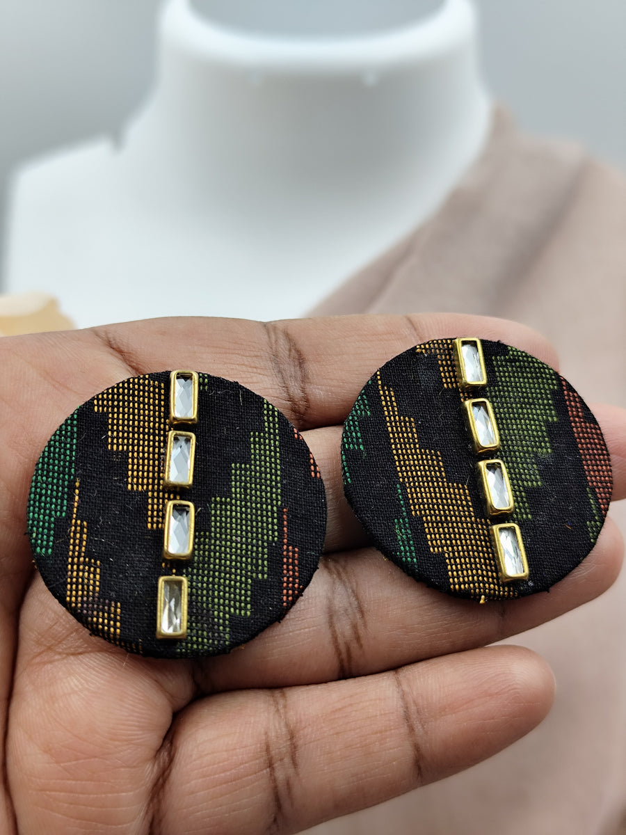 Round Black Fabric Statement Stud Earrings with Tiny Kundan Details