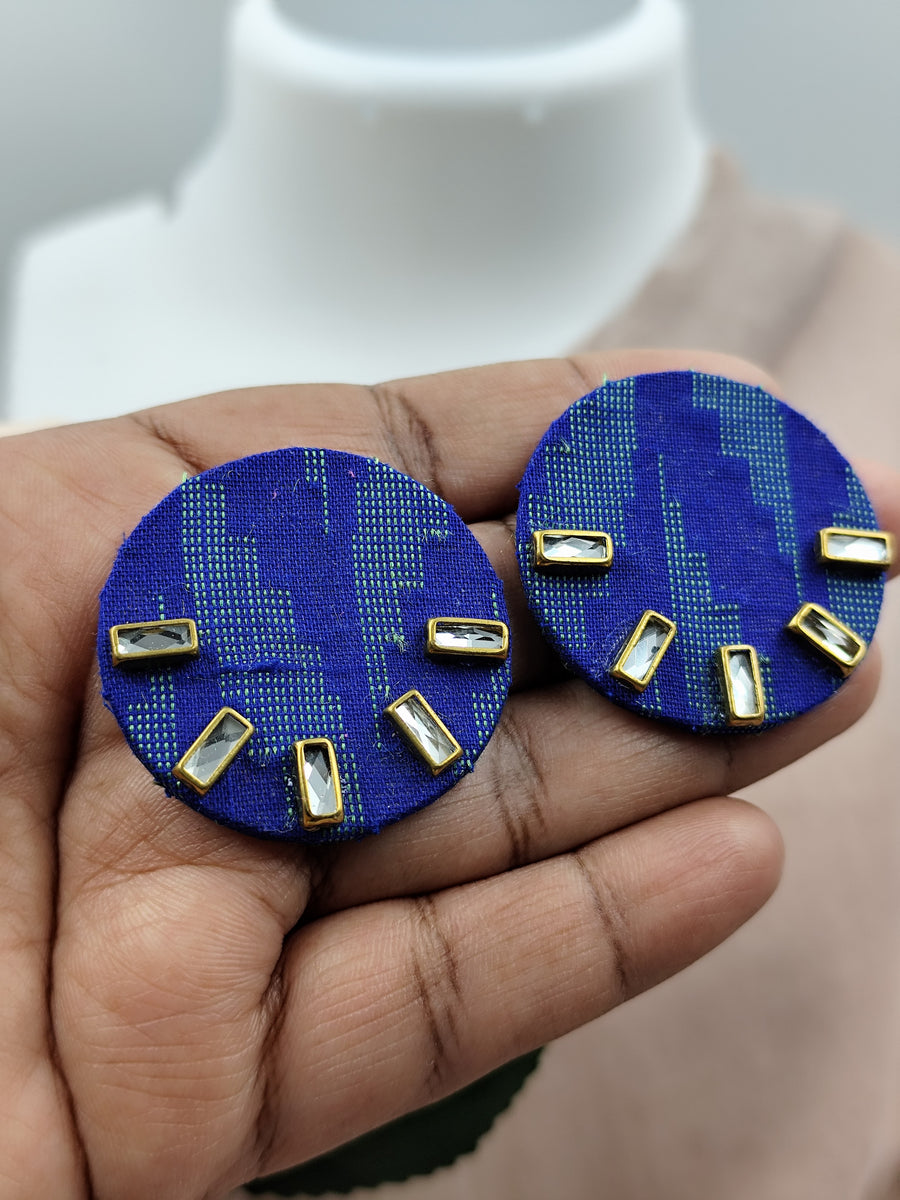 Round Blue Statement Earrings with Tiny Kundan Details