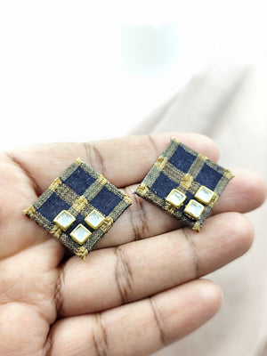 Square Dark Blue Checks Fabric Earrings with Tiny Kundan Details