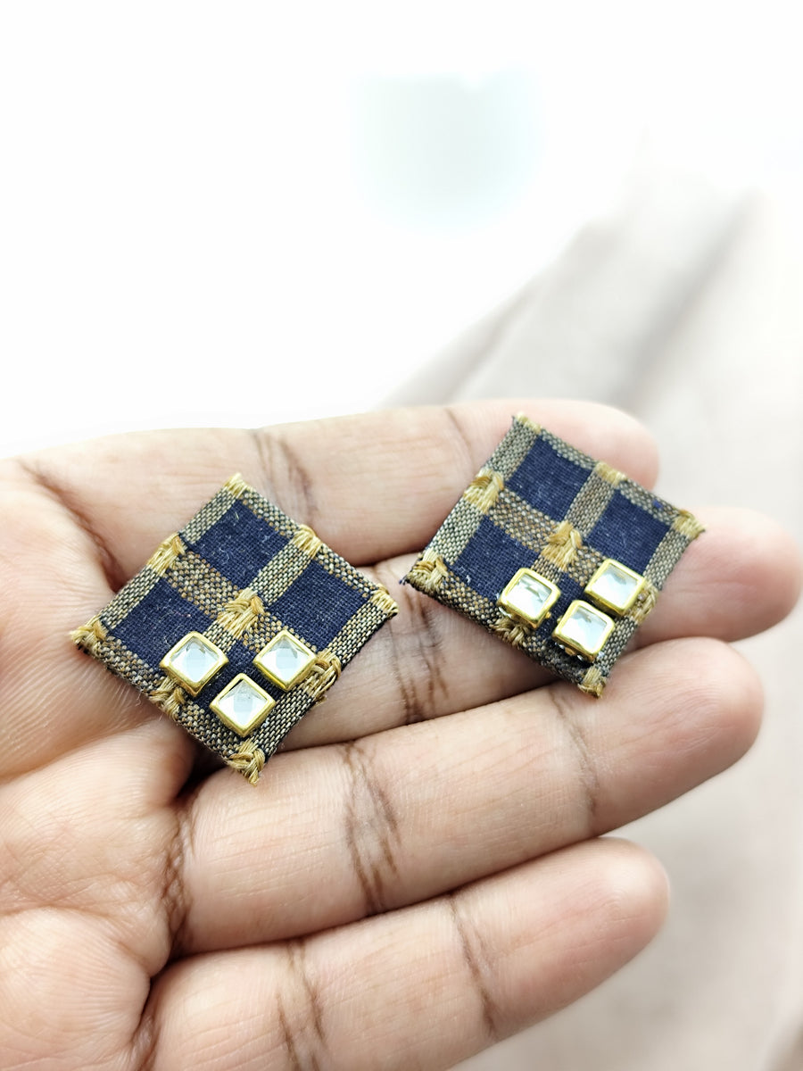 Square Dark Blue Checks Fabric Earrings with Tiny Kundan Details