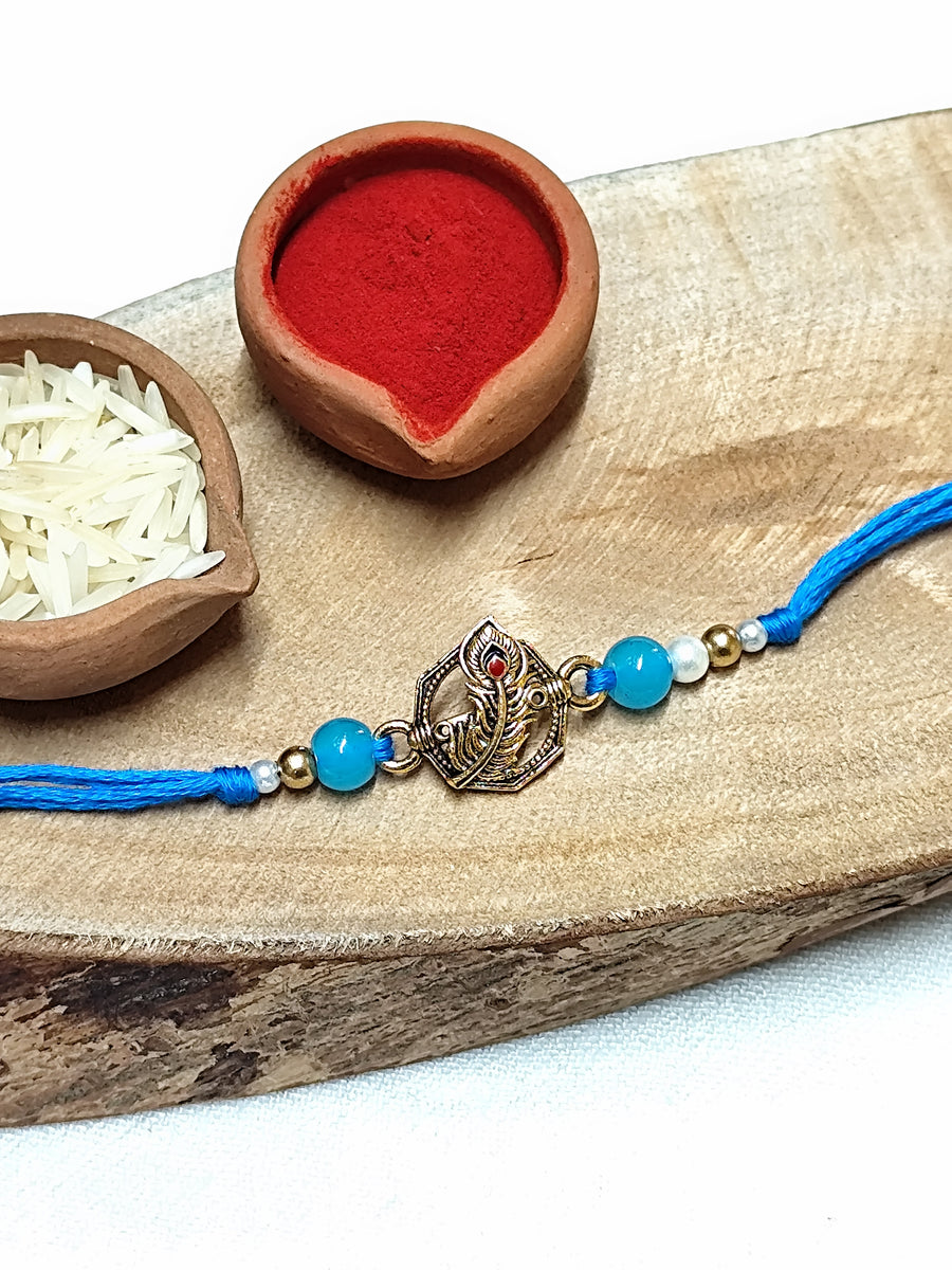 Peacock Feather & Blue Bead Bhai Rakhi