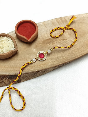 Red Kundan & Pearls with Maroon Yellow & Orange Threads Bhai Rakhi