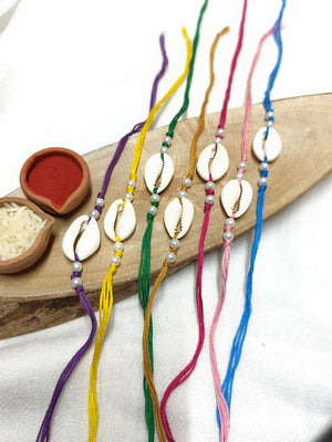 Chowrie Shell & Pearl with colour threads Bhai Rakhi