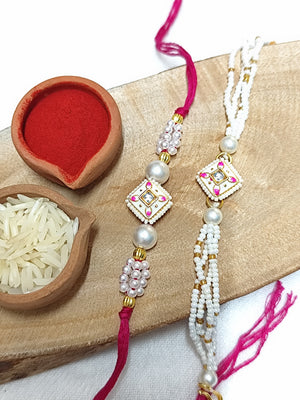 Couple Rakhi - White & Pink Kundan Couple Rakhi
