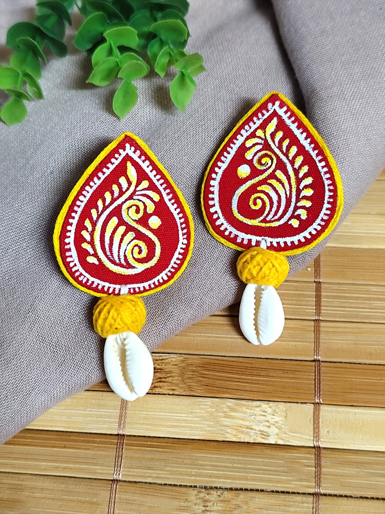 Red & Yellow Hand Painted Earrings with Cowrie