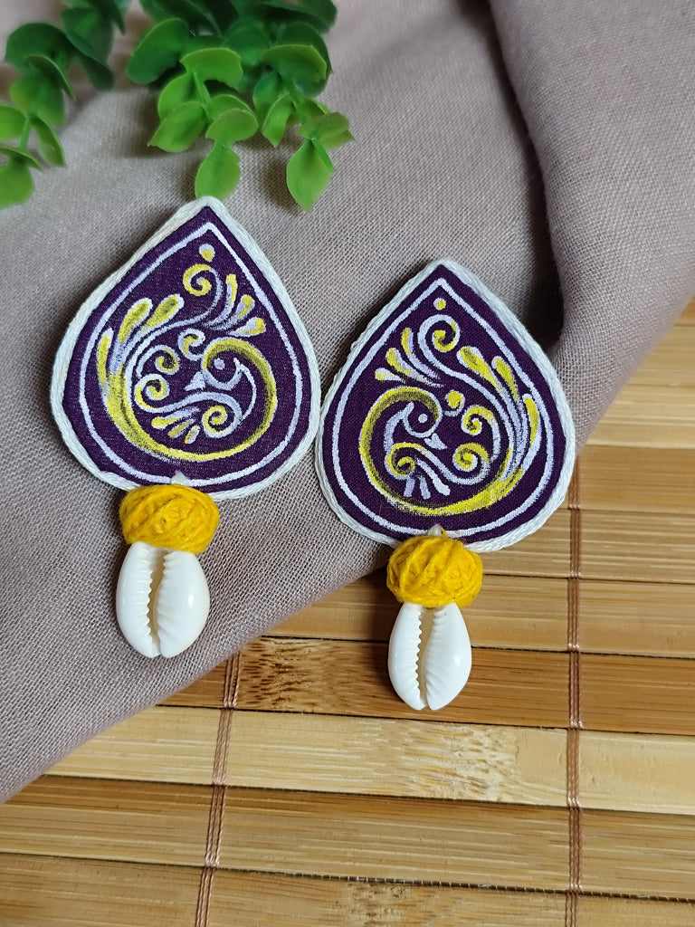 Purple Hand-Painted Earrings with Peacock Motif & Cowrie