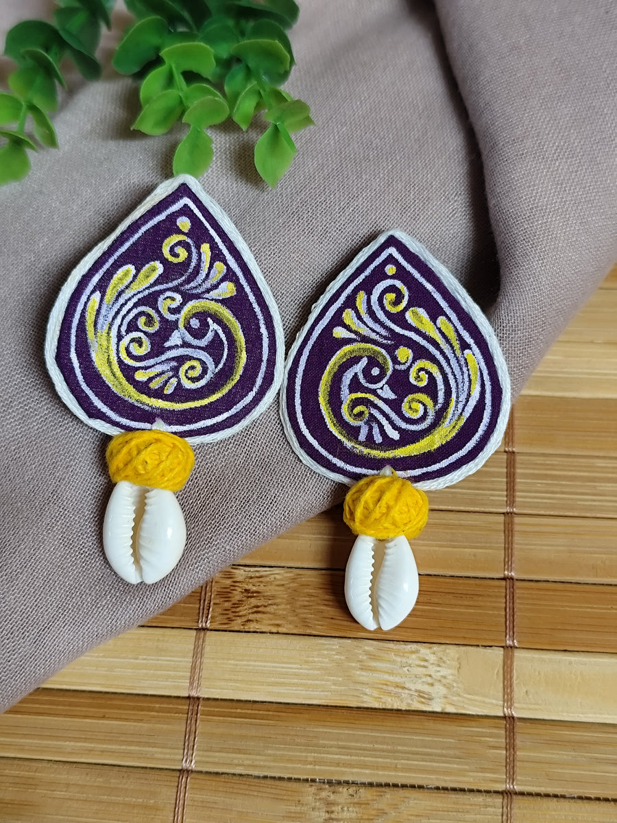 Purple Hand-Painted Earrings with Peacock Motif & Cowrie